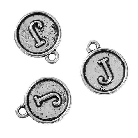 Letter J Charms Antique Silver Tone Round Initial Charms Etsy Antique Silver Initial Charm