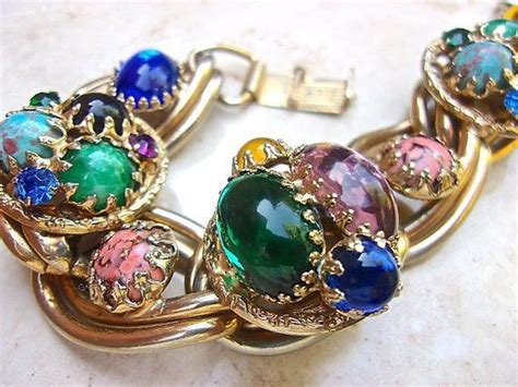 Large Colorful Glass Cabochons Bracelet Unsigned Designer Double Links