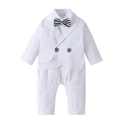 White Newborn Baby Boy Rompers Set Tuxedo Bow Tie Little Kids Gentleman