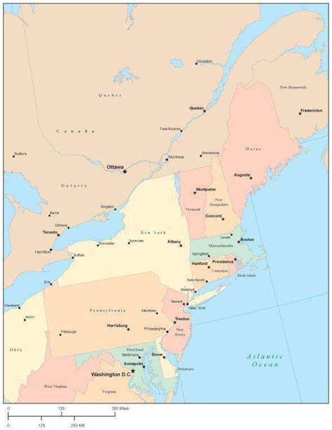 Usa Northeast Region Map With State Boundaries Capital