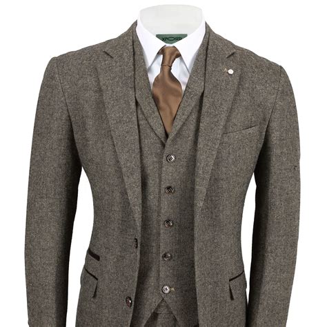 Mens Wool Mix 3 Piece Suit Vintage Herringbone Tweed Tailored Fit In