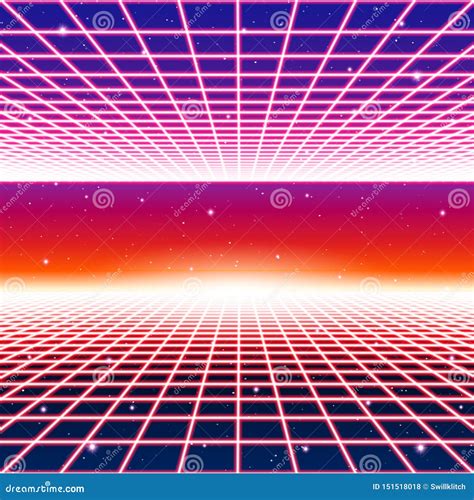 Retro Neon Background With 80s Styled Laser Grid And Stars Stock Vector