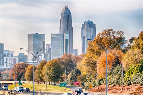 Charlotte North Carolina Skyline During Autumn Season At Sunset