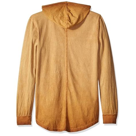 Mens Oil Washed Long Sleeve Scallop Longline Hoodie T Shirt Caramel