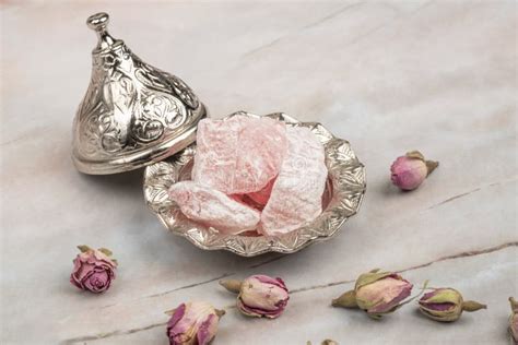 Turkish Delights And Edible Roses On Table Stock Image Image Of