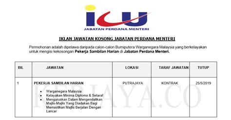 Matrade mempelawa warganegara malaysia yang berkelayakan dan berminat untuk memohon jawatan sebagai pekerja sambilan harian (psh). Jawatan Kosong Terkini Jabatan Perdana Menteri ~ Pekerja ...