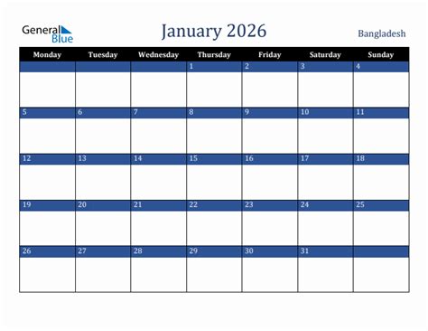 January 2026 Bangladesh Monthly Calendar With Holidays