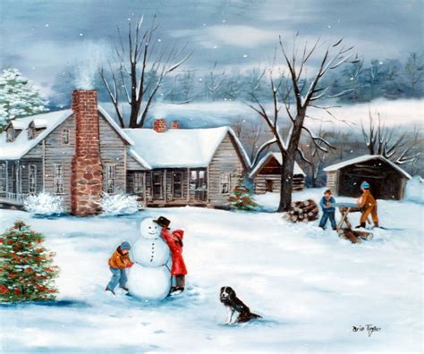 Winter Country Snow Primitive Folk Art Scene Prints 1930s Snowman