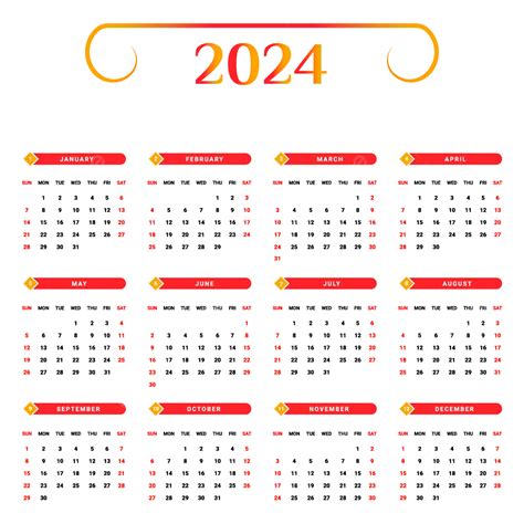 Kırmızı Ve Sarı Benzersiz Geometrik şekle Sahip 2024 Yıllık Takvimi