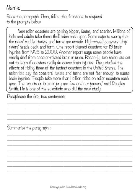 Summary Worksheet 7th Grade