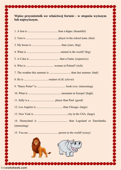 There are a whole host of comparative adjectives in the english language and by adding these to your vocabulary, you will have the opportunity to form more complex in this section, we are going to be studying the comparative adjective and looking at some examples of how they can be used. Comparatives and superlatives: online worksheet and pdf