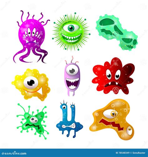 Set Of Cartoon Bacteria Fun Characters Cute Monsters With Different