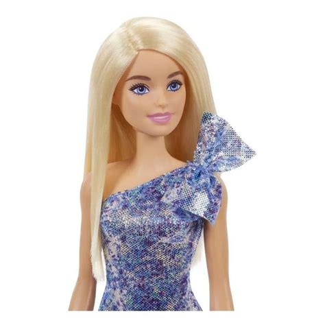 boneca barbie básica glitz loira vestido azul com laço mattel