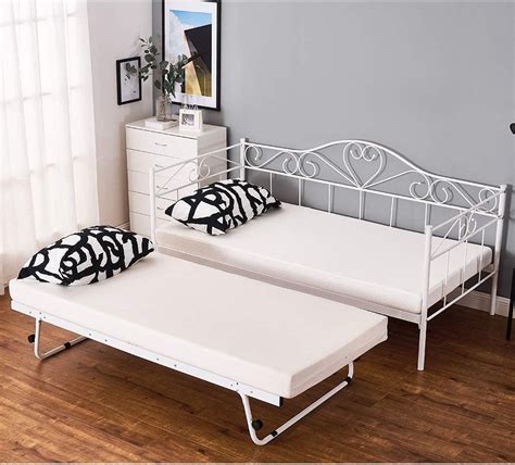 Panana Single Day Bed Metal Guest Bed Frame Sofa Bed With Pull Out Guest Trundle Bed White