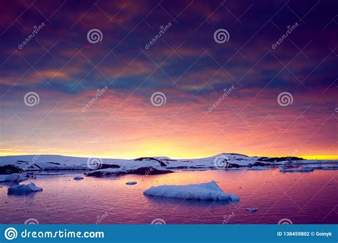 Colorful Cloudy Sky Over The Antarctica Shoreline Stock Photo Image