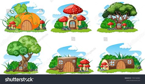 Set Isolated Gnome Fairy Tale Houses Stock Vector Royalty Free