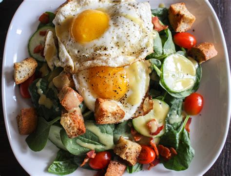 Blt Salad With Fried Egg And Spicy Bacon Croutons Yes To Yolks