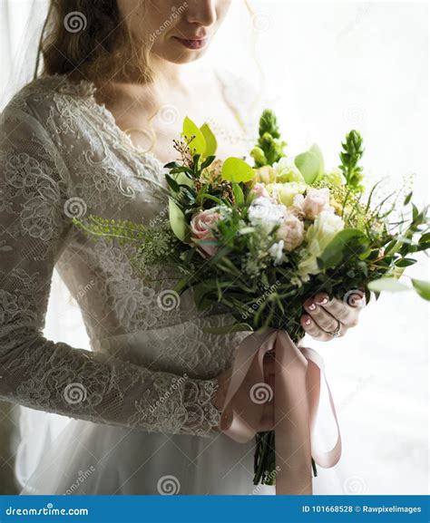 Attractive Beautiful Bride Holding Flowers Bouquet Stock Photo Image