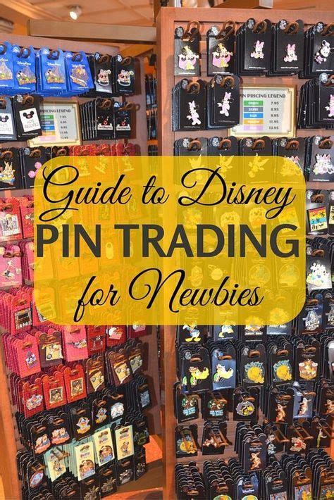 the guide to disney pin trading for newbies is shown in front of a display case