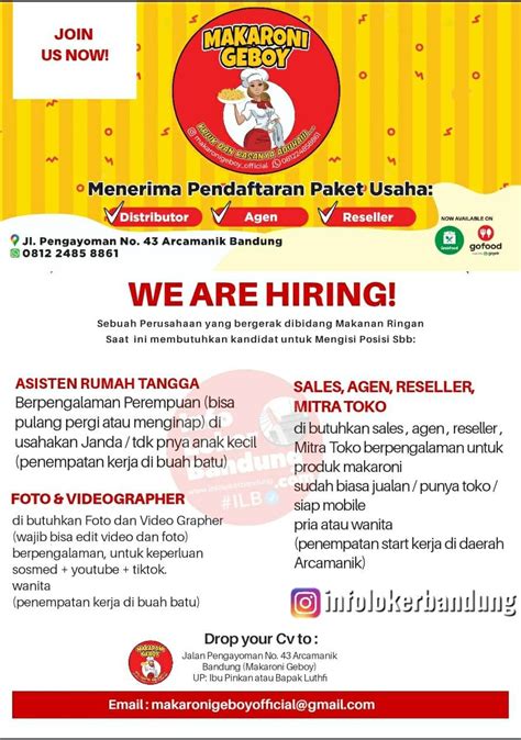 Dahulu lowongan kerja hanya dimuat di media cetak seperti koran , namun berkembangnya teknologi internet. Lowongan Kerja Makaroni Geboy Bandung Desember 2020 - Info ...
