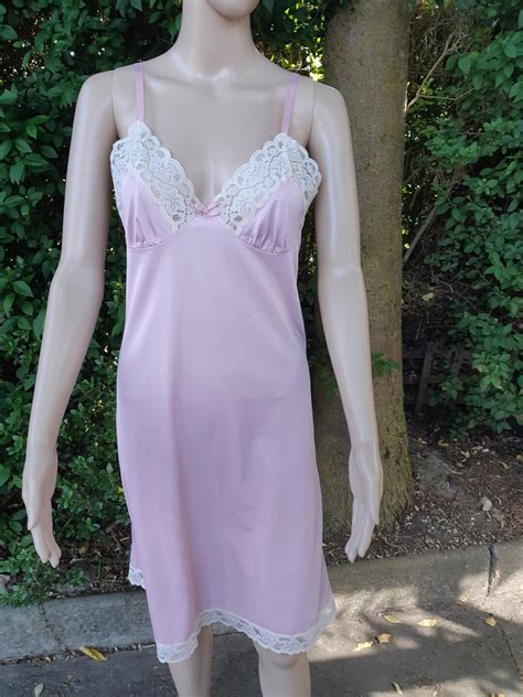 Vintage Early 1970s St Michael Dusky Pink Slip Nightie With Lace Trim