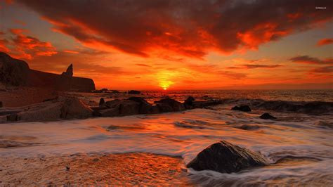 Red Sunset Above The Rocky Beach Wallpaper Beach Wallpapers 48873