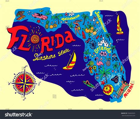 Cartoon Map Florida State Travel Attractions Stock Vector Royalty