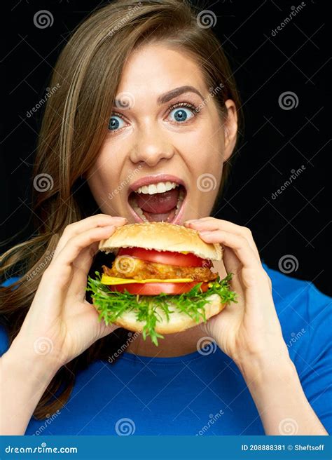 Woman Eating Cheeseburger Isolated Portrait Stock Image Image Of Sandwich Face 208888381