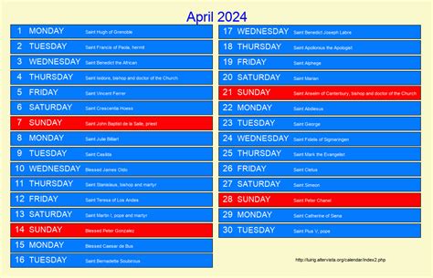April 2024 Roman Catholic Saints Calendar