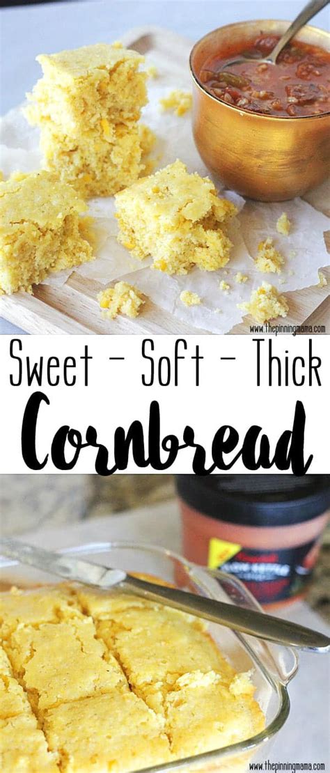 This recipe would help you take a break from regular bread and enjoy this crunchy and moist corn bread. Soft & Thick Sweet Corn Bread Recipe • The Pinning Mama