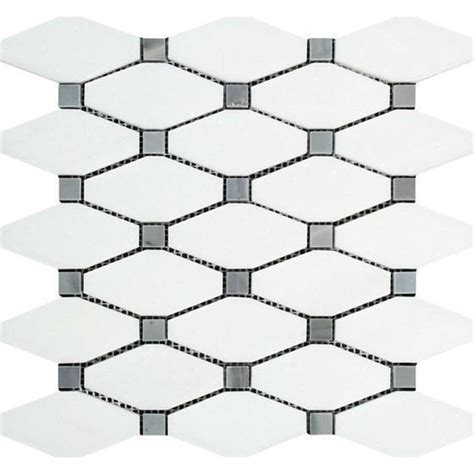 Thassos White Marble Mosaic Elongated Octagon With Gray Dots White