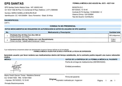 Ordenes médicas 2023 incapacidad medica EPS SANITAS FÓRMULA MÉDICA