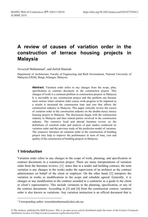 Variation order refers to any changes from the scope, plan, specification or contract document in the construction project. (PDF) A review of causes of variation order in the ...