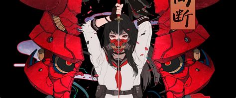 Wallpaper Anime Girls Red Eyes Gas Masks Black Hair Cyberpunk