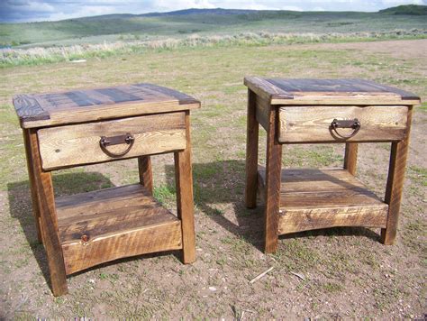 An antiqued wood cocktail table with two end drawers, on spiral turned legs joined by a solid paneled under tier. Rustic End Tables wyoutlawfurniture.co | Outlaw Furniture | Pinterest