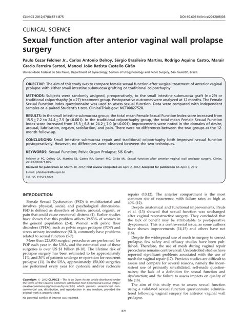 Pdf Sexual Function After Anterior Vaginal Wall Prolapse Surgery