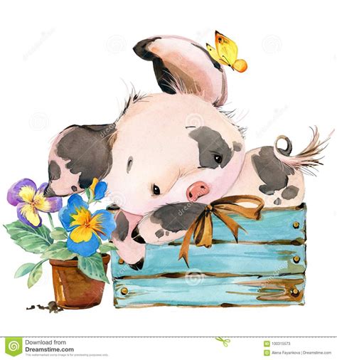 Cute Pig Cartoon Watercolor Animal Illustration Stock