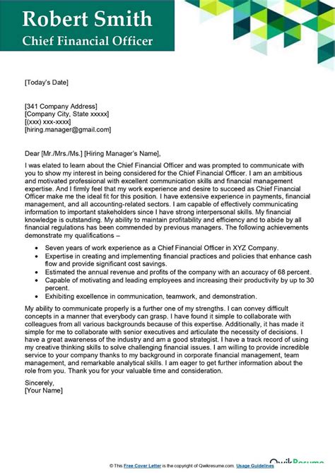 Chief Financial Officer Cover Letter Examples Qwikresume