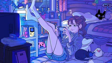 1360x768 Anime Girl Playing Games In Her Room Laptop Hd Hd 4k