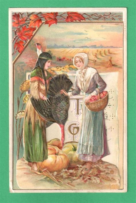 1912 Sam Schmucker Projection Thanksgiving Postcard Indian And Pilgrim Ladies Vintage