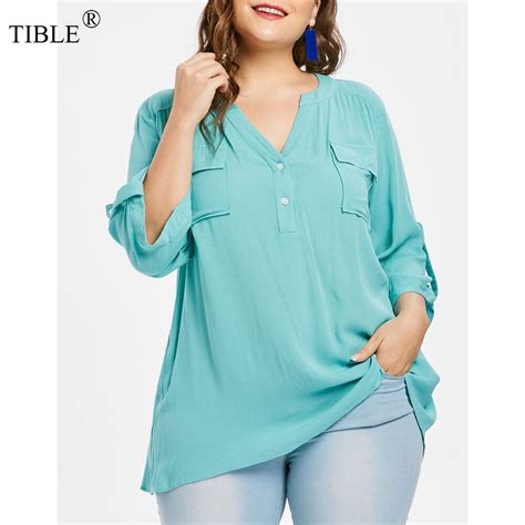 Tible Women Plus Size Blouses Shirts V Neck Casual Loose Pockets Three
