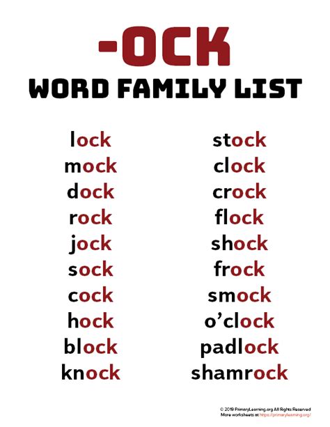 OCK Word Family List | Word families, Word family worksheets, Word