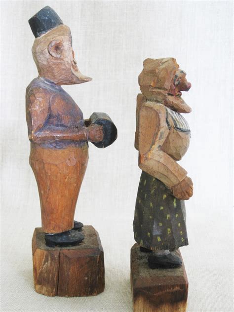 Vintage Folk Art Wooden Figures Carving Sculpture Couple Figural