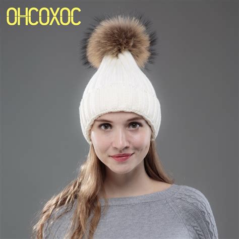 Ohcoxoc New Women Beanies Real Fox Mink Fur Pom Poms Ball Cap Keep Warm Beanies Skullies Solid