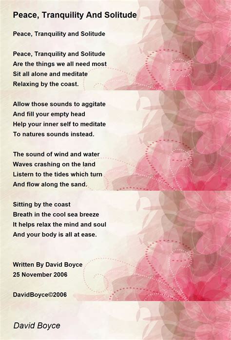 Peace Tranquility And Solitude Poem By David Boyce Poem Hunter