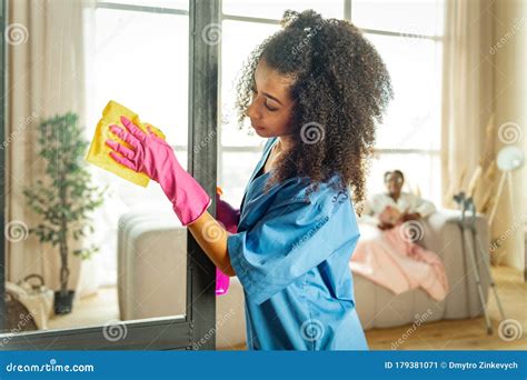 Nice African American Woman Doing The Cleaning Stock Image Image Of