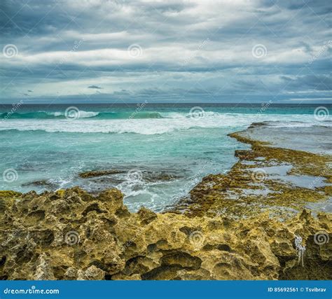 Beautiful Eroded Rocks On Rugged Ocean Coastline Stormy Weather Stock