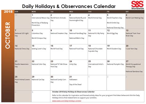 October Holidays And Observances Calendar Sands Blog