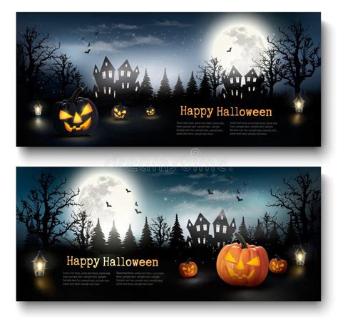Holiday Halloween Banner With Pumpkins And Moon Stock Vector