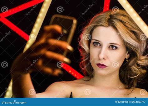 Blonde Woman With Make Up And Styling Makes Selfie Stock Image Image